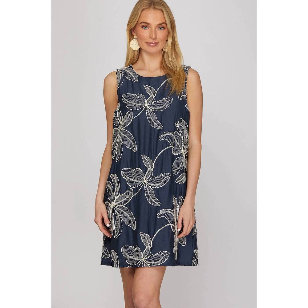 NEW SHE + SKY sleeveless embroidered shift dress in navy